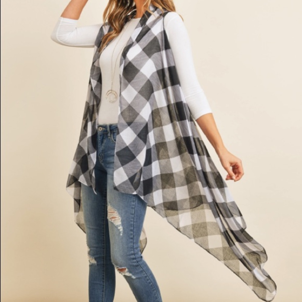 NEW Buffalo Plaid Sleeveless Kimono Cardigan White